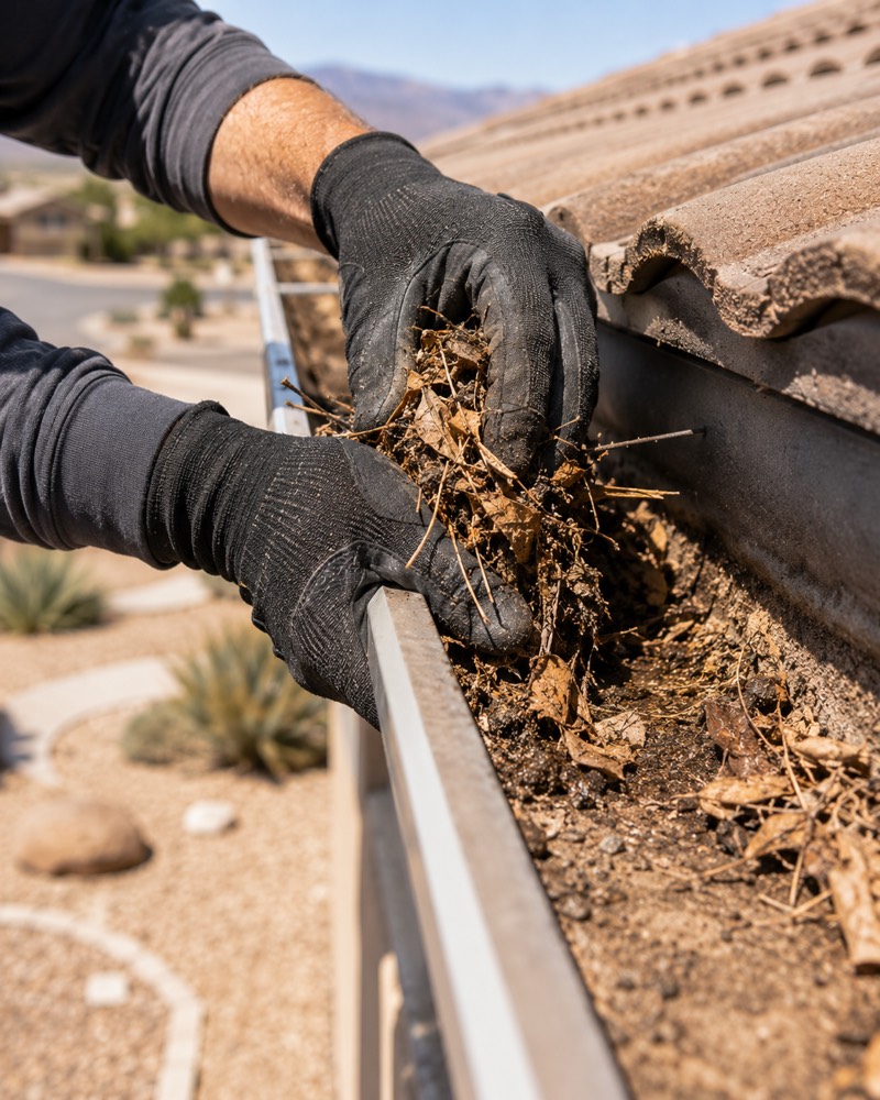 Clearing debris during gutter cleaning in Hesperia CA