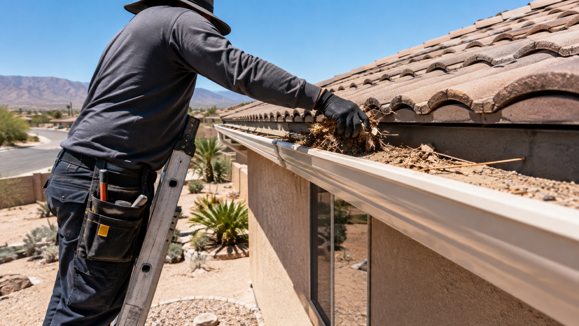 Gutter cleaning service on a Hesperia CA home