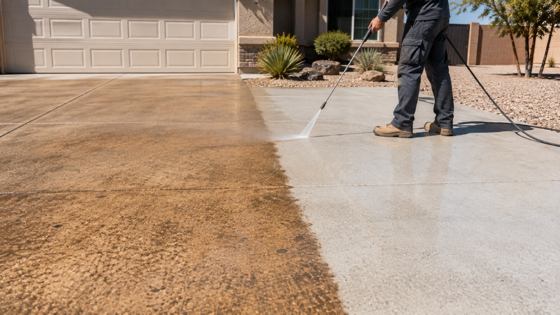 Pressure washing a driveway in Hesperia CA