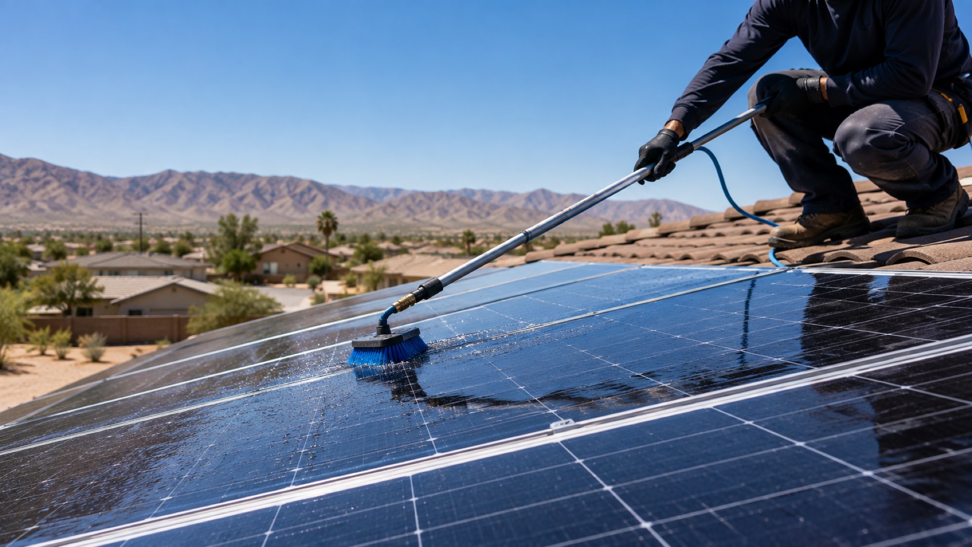 Solar panel cleaning on a Hesperia CA rooftop