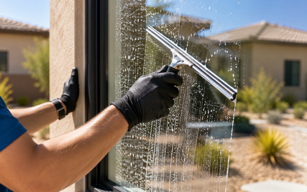 Technician squeegeeing a window during window cleaning in Hesperia CA