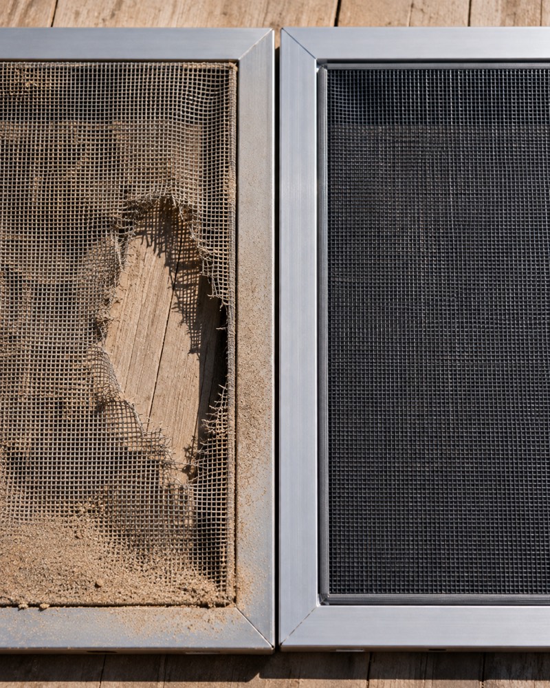 Torn screen versus repaired screen, window screen repair Hesperia CA